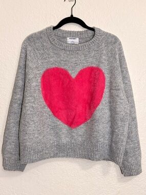 Gray Crewneck Sweater with Bright Pink Heart